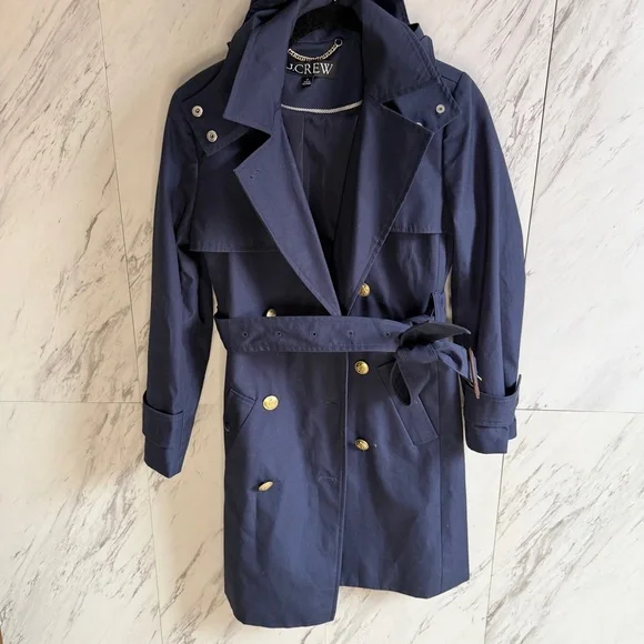 J. Crew Navy Icon Double-Breasted Belted Hooded Cotton Petite Trench Coat SZ 2P - Picture 2 of 13